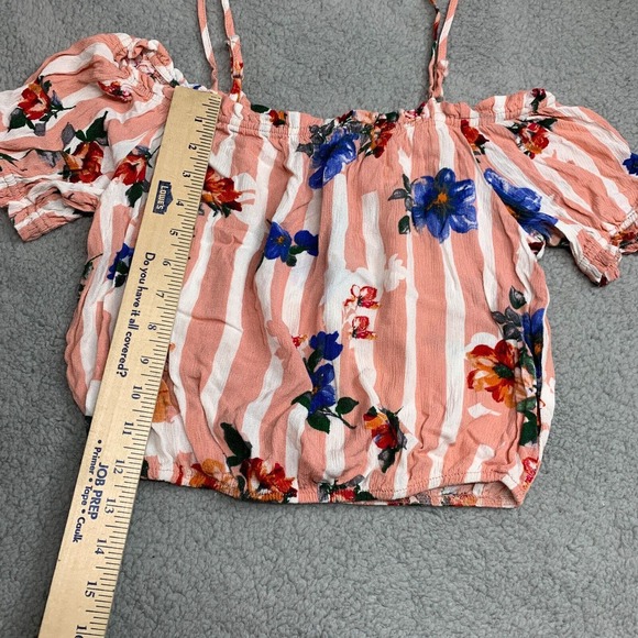 Womens Floral Boho Top Cropped Balloon Sleeve Size S Colorful Peasant Pink Rayon - Picture 4 of 8